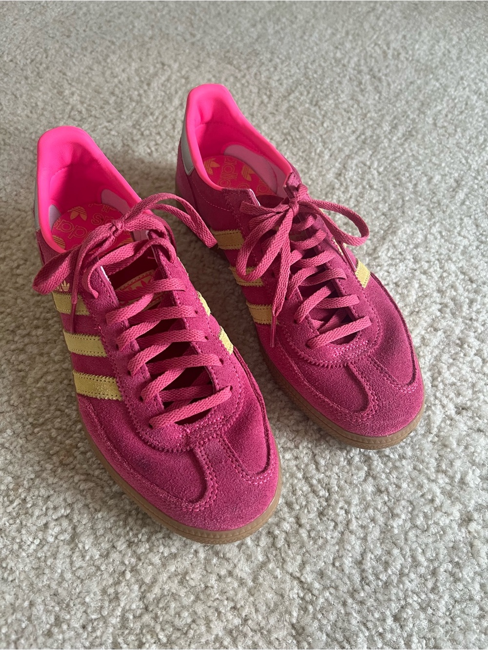 adidas handball spezial Hot Pink Suede Sneakers with Yellow Stripes
